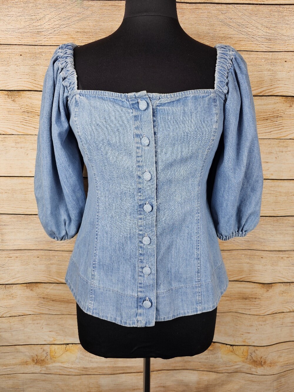Zara Denim Poof Sleeve Button Front Top Shirt Size Small
